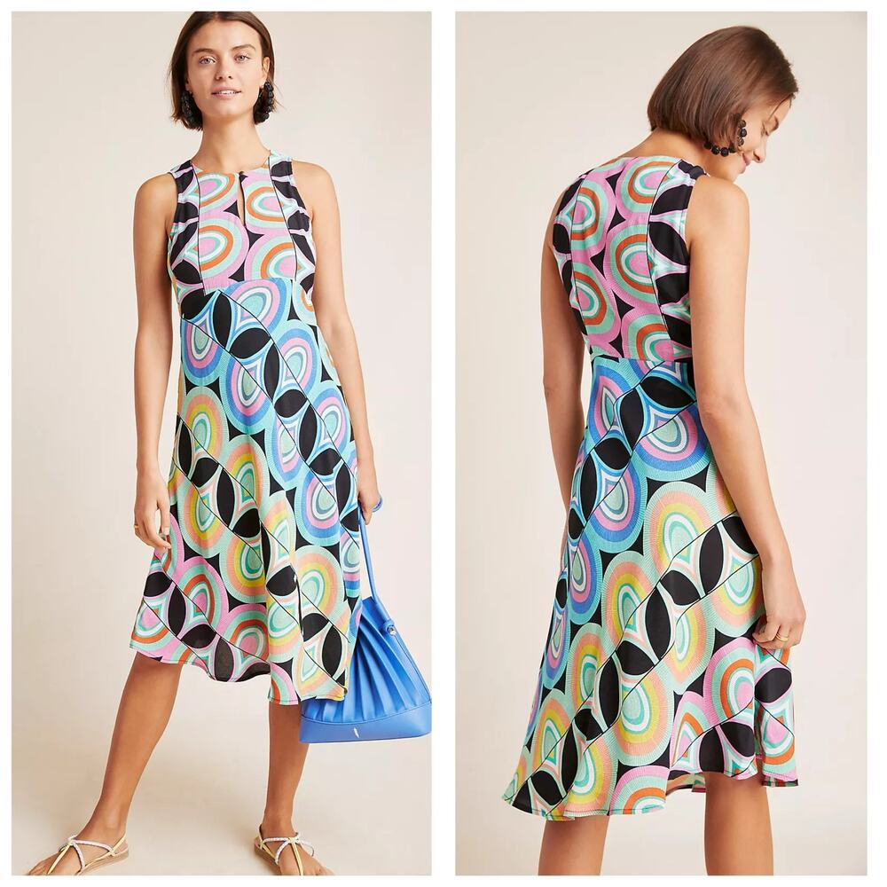 Anthropologie Kenzie Asymmetrical Midi Dress Size 2 MultiColor 70s Vintage Retro